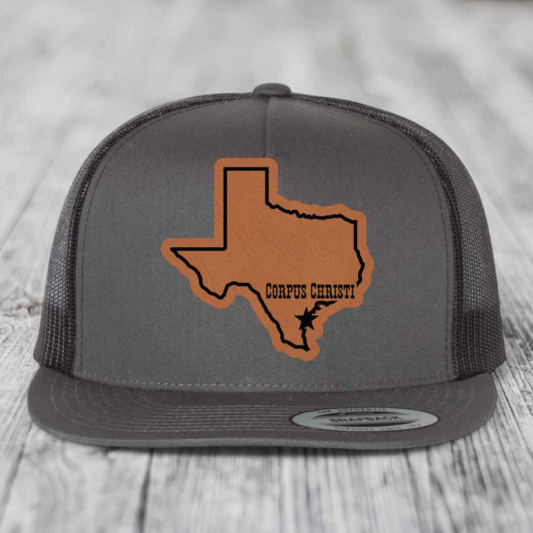 Corpus Christi Texas (Clean) - Leather Patch Hat - Rawhide to Black Patch - Yupoong 6006 Snapback Flatbill Hat