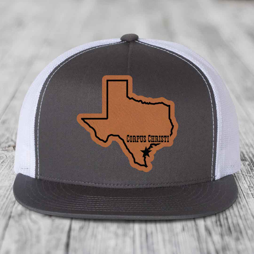 Corpus Christi Texas (Clean) - Leather Patch Hat - Rawhide to Black Patch - Yupoong 6006 Snapback Flatbill Hat