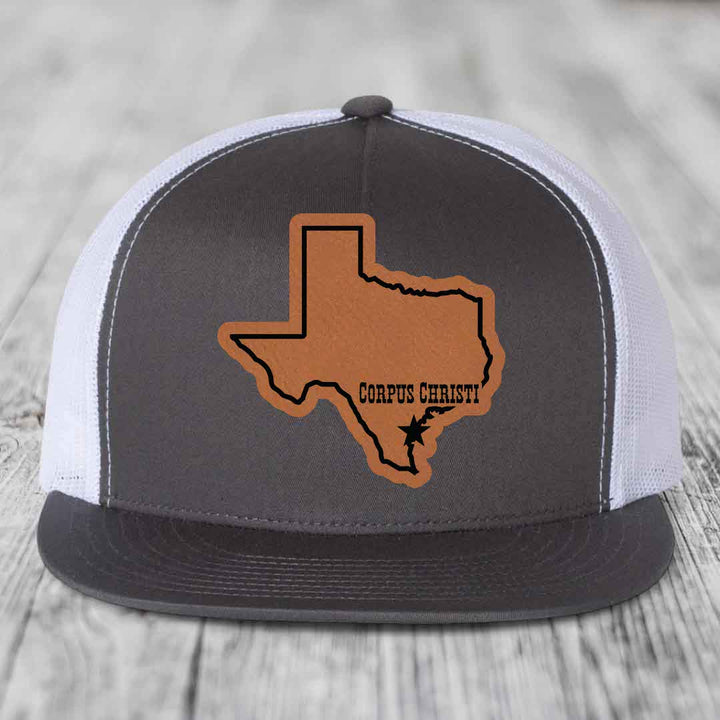 Corpus Christi Texas (Clean) - Leather Patch Hat - Rawhide to Black Patch - Yupoong 6006 Snapback Flatbill Hat