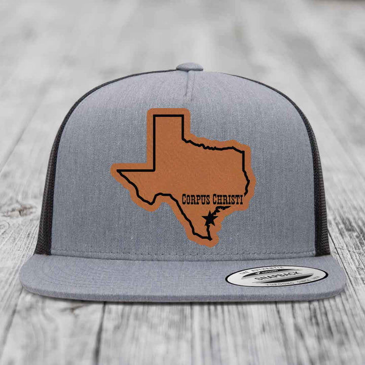 Corpus Christi Texas (Clean) - Leather Patch Hat - Rawhide to Black Patch - Yupoong 6006 Snapback Flatbill Hat