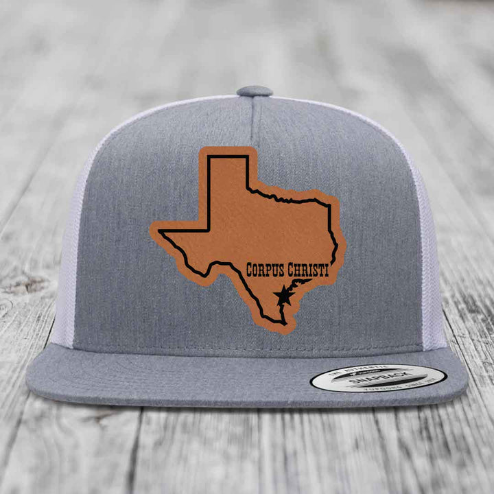 Corpus Christi Texas (Clean) - Leather Patch Hat - Rawhide to Black Patch - Yupoong 6006 Snapback Flatbill Hat