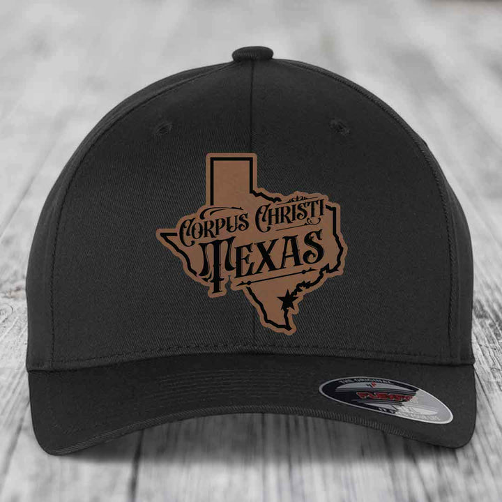 Corpus Christi Texas (Deluxe) - Leather Patch Hat - Dark Brown to Black Patch - Flexfit 6277 Fitted Hat