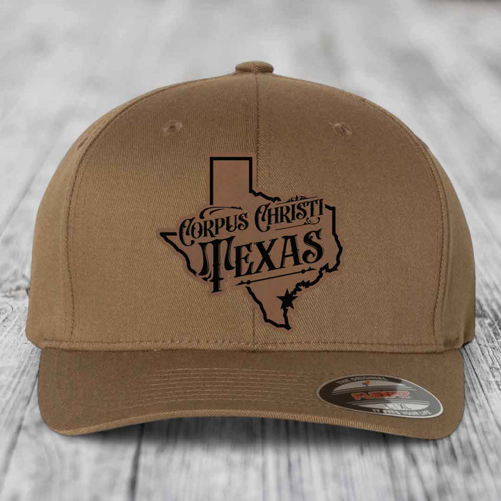 Corpus Christi Texas (Deluxe) - Leather Patch Hat - Dark Brown to Black Patch - Flexfit 6277 Fitted Hat
