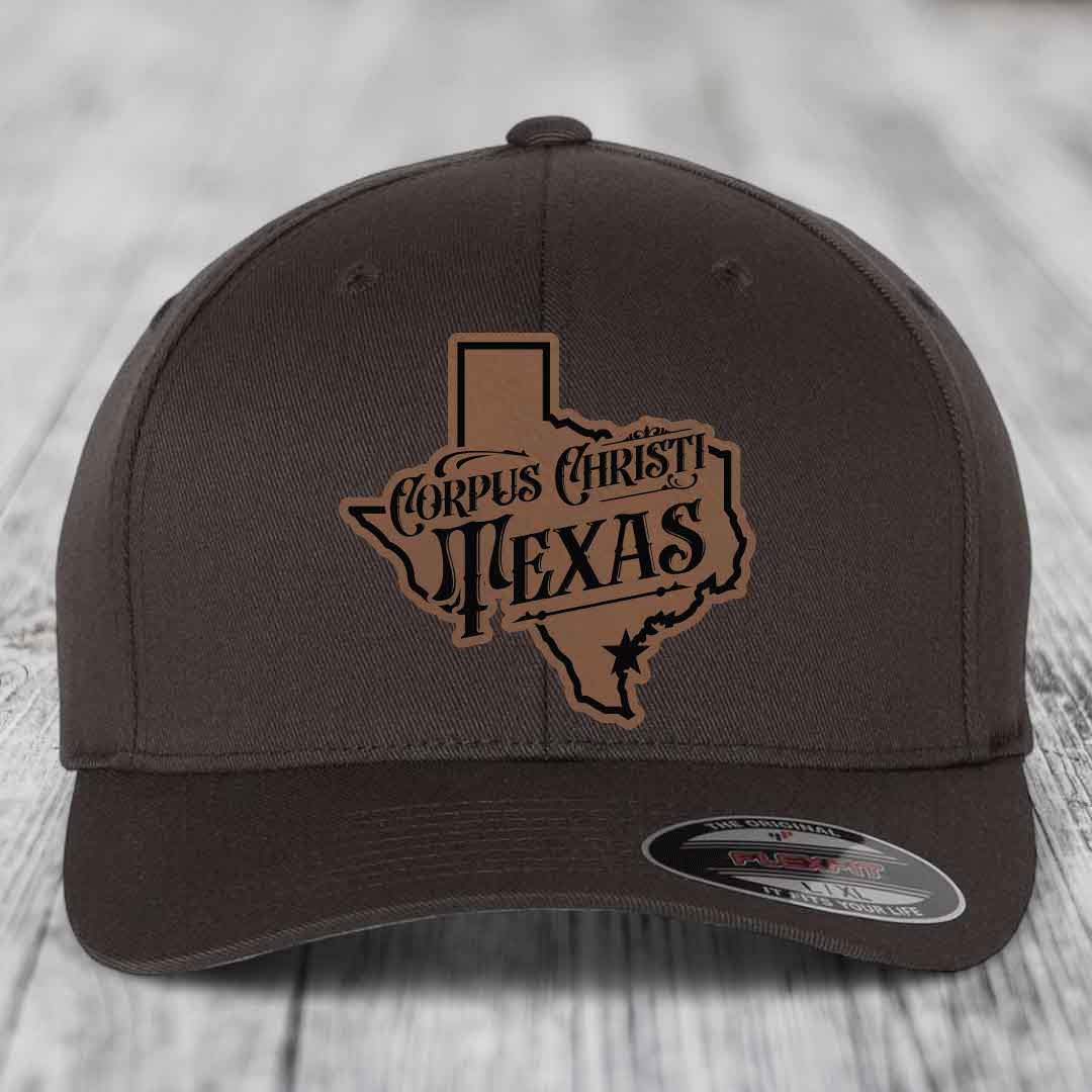 Corpus Christi Texas (Deluxe) - Leather Patch Hat - Dark Brown to Black Patch - Flexfit 6277 Fitted Hat