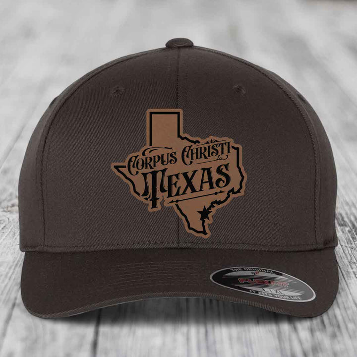 Corpus Christi Texas (Deluxe) - Leather Patch Hat - Dark Brown to Black Patch - Flexfit 6277 Fitted Hat