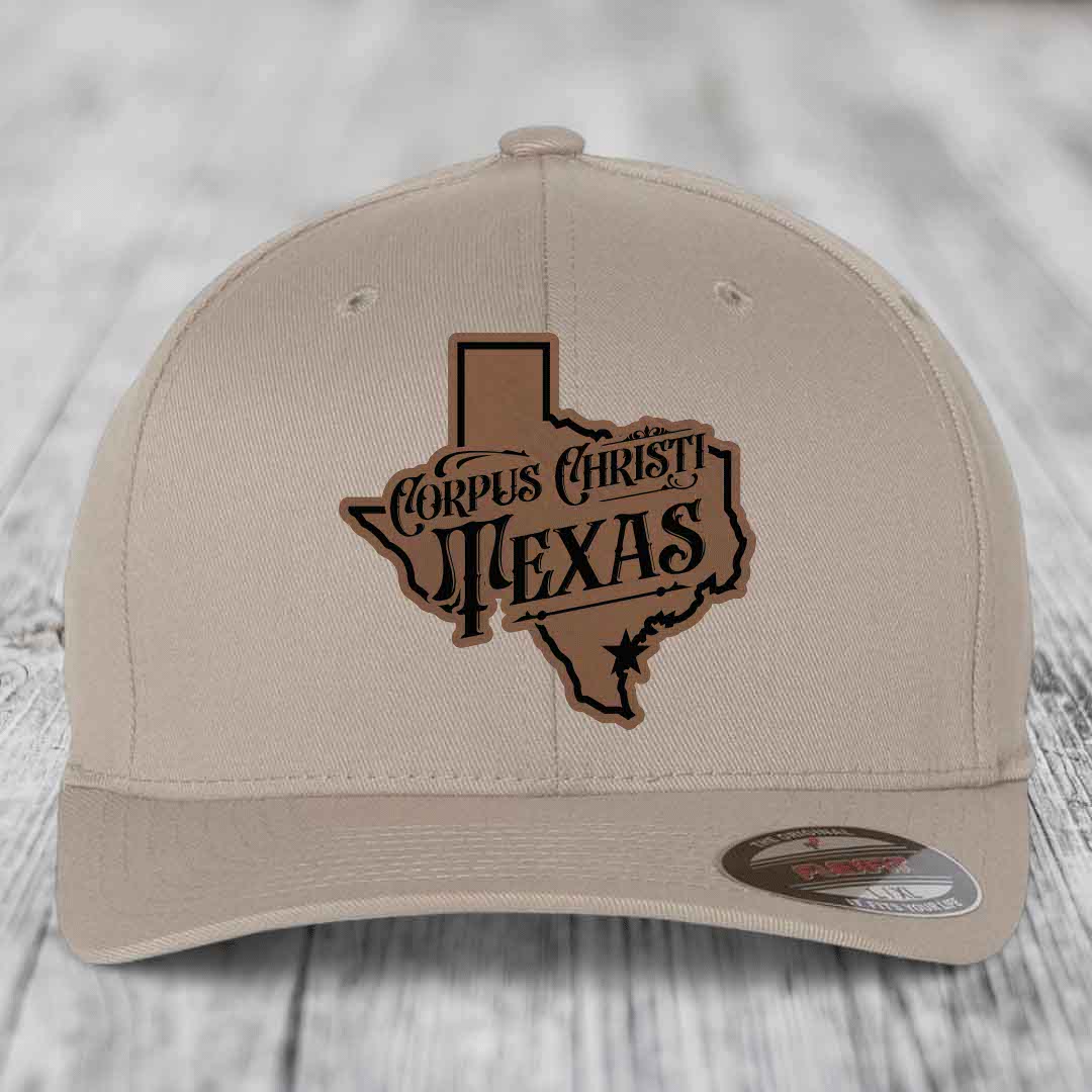 Corpus Christi Texas (Deluxe) - Leather Patch Hat - Dark Brown to Black Patch - Flexfit 6277 Fitted Hat