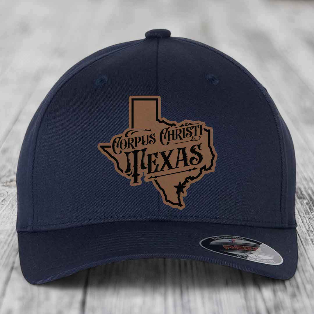 Corpus Christi Texas (Deluxe) - Leather Patch Hat - Dark Brown to Black Patch - Flexfit 6277 Fitted Hat