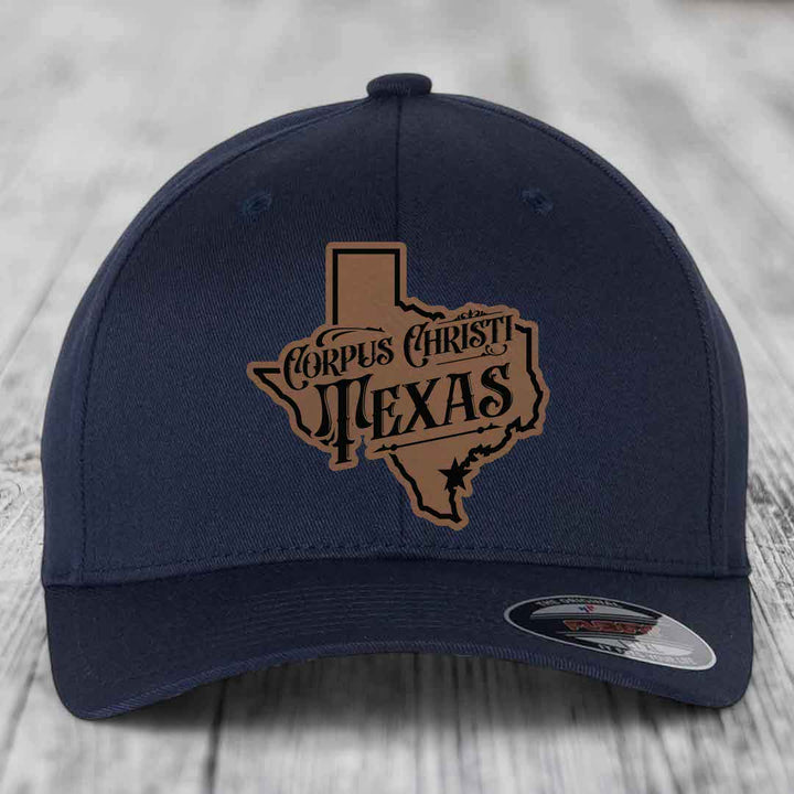 Corpus Christi Texas (Deluxe) - Leather Patch Hat - Dark Brown to Black Patch - Flexfit 6277 Fitted Hat