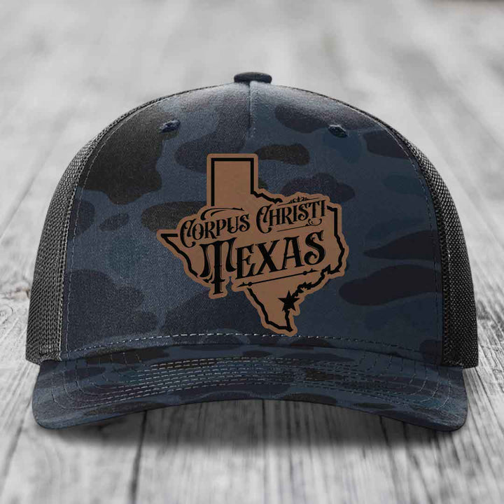 Corpus Christi Texas (Deluxe) - Leather Patch Hat - Dark Brown to Black Patch - Richardson 112PFP Snapback Trucker Hat
