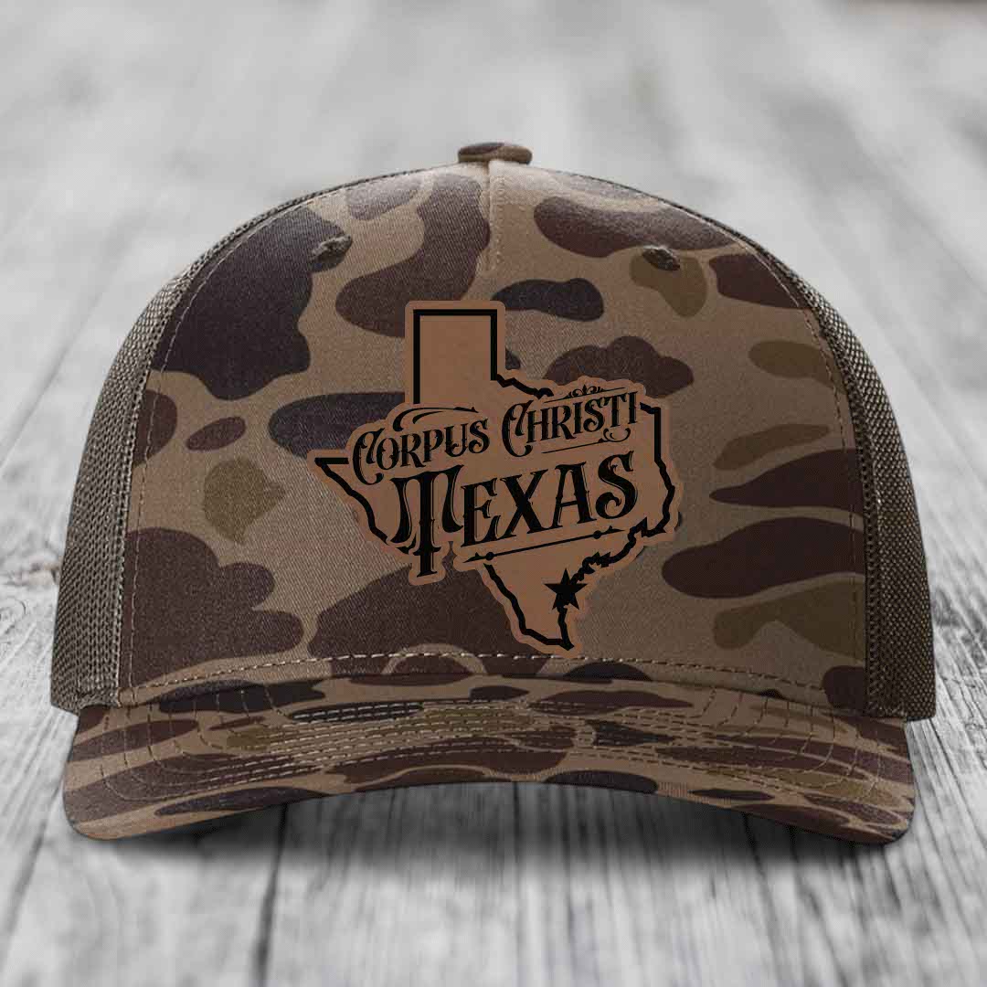 Corpus Christi Texas (Deluxe) - Leather Patch Hat - Dark Brown to Black Patch - Richardson 112PFP Snapback Trucker Hat
