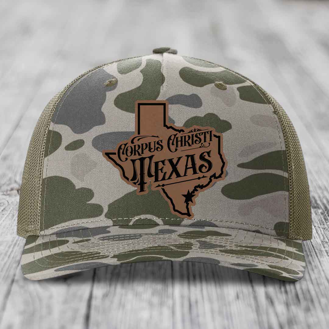 Corpus Christi Texas (Deluxe) - Leather Patch Hat - Dark Brown to Black Patch - Richardson 112PFP Snapback Trucker Hat