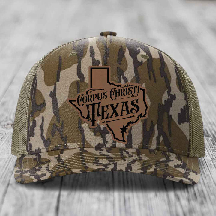 Corpus Christi Texas (Deluxe) - Leather Patch Hat - Dark Brown to Black Patch - Richardson 112PFP Snapback Trucker Hat