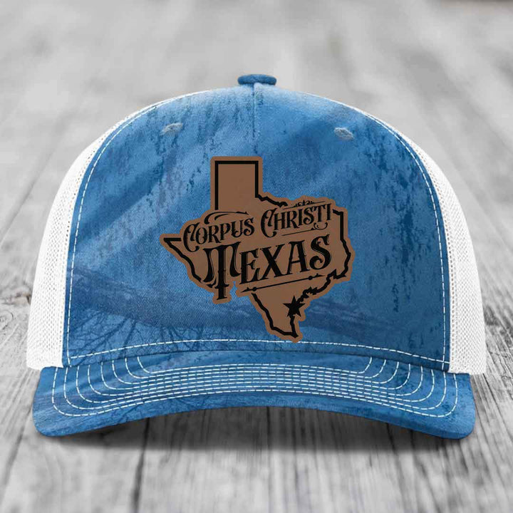 Corpus Christi Texas (Deluxe) - Leather Patch Hat - Dark Brown to Black Patch - Richardson 112PFP Snapback Trucker Hat