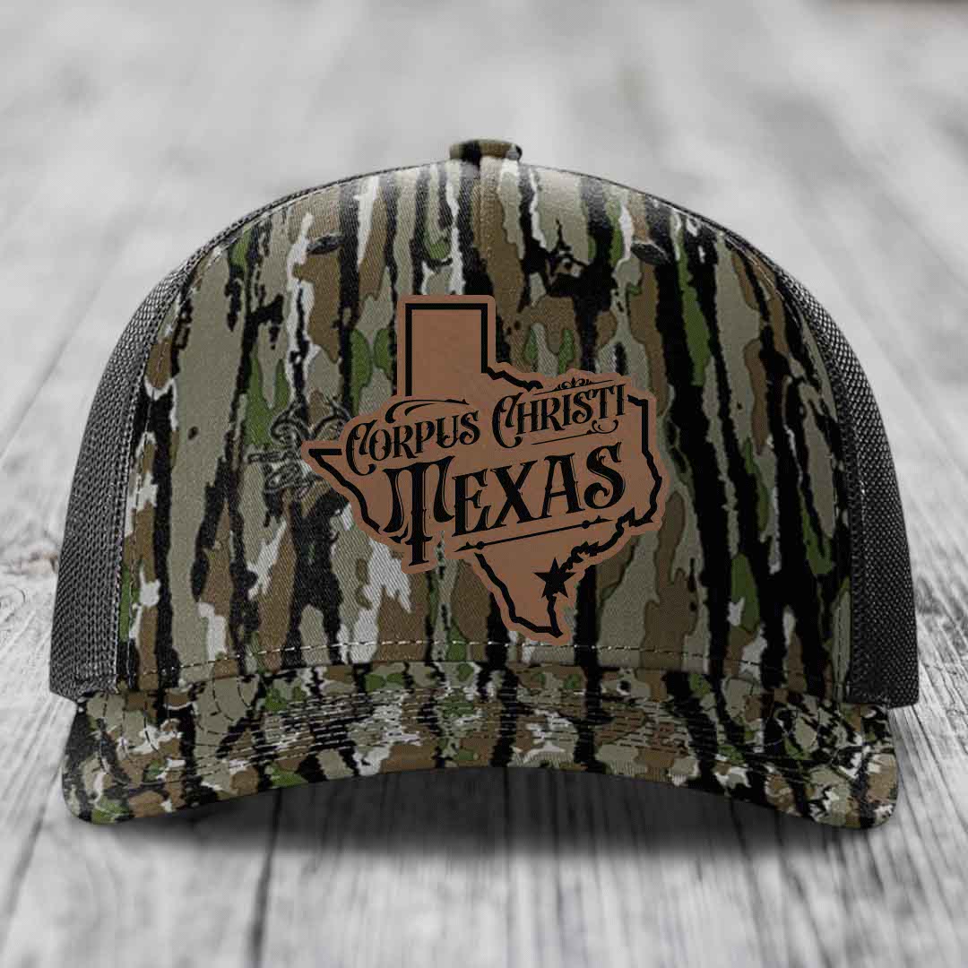 Corpus Christi Texas (Deluxe) - Leather Patch Hat - Dark Brown to Black Patch - Richardson 112PFP Snapback Trucker Hat