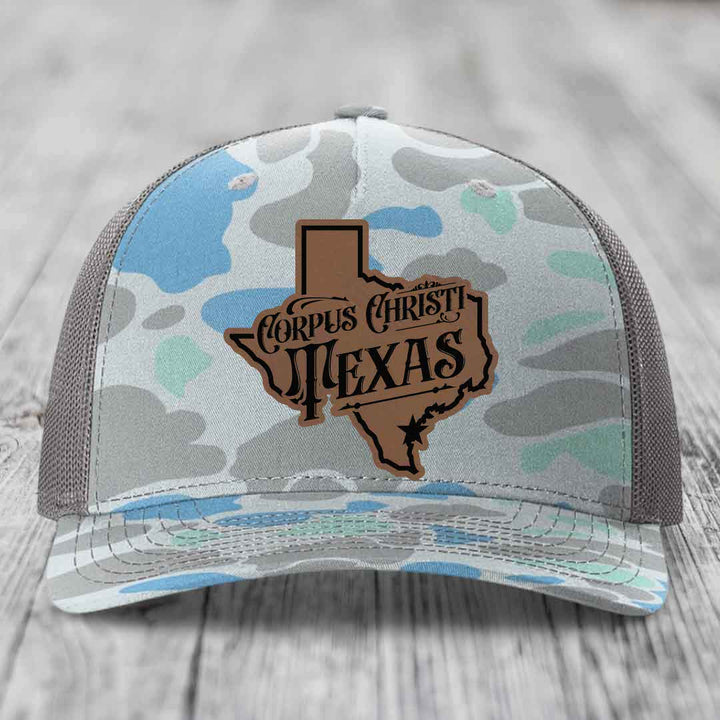 Corpus Christi Texas (Deluxe) - Leather Patch Hat - Dark Brown to Black Patch - Richardson 112PFP Snapback Trucker Hat