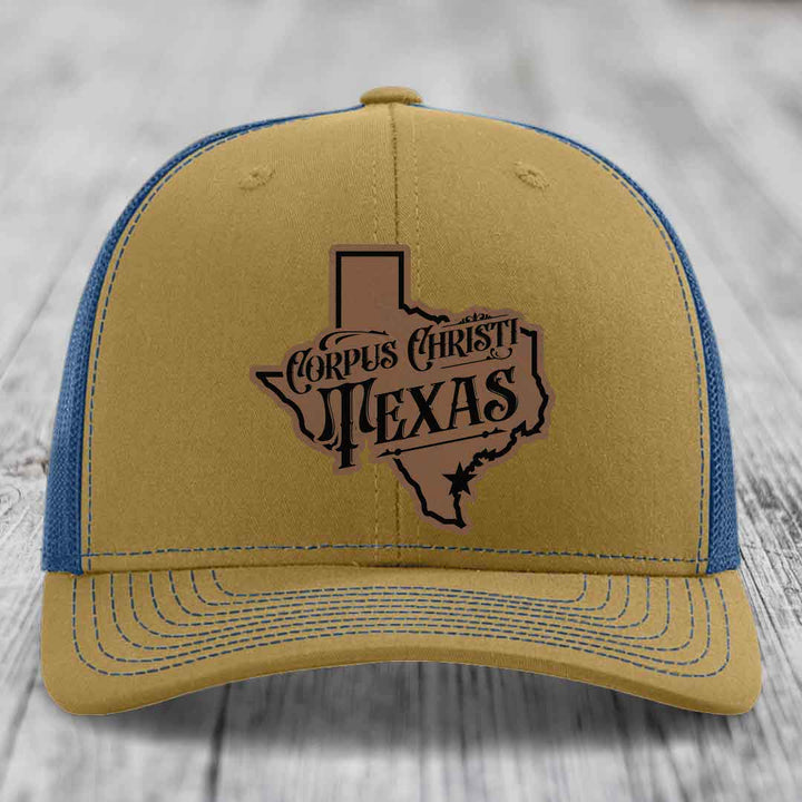 Corpus Christi Texas (Deluxe) - Leather Patch Hat - Dark Brown to Black Patch - Richardson 112 Snapback Trucker Hat