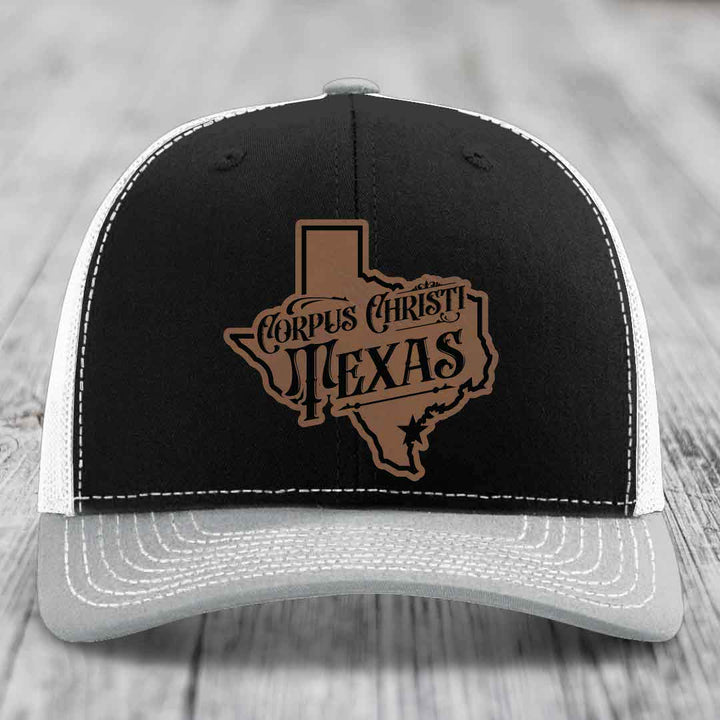 Corpus Christi Texas (Deluxe) - Leather Patch Hat - Dark Brown to Black Patch - Richardson 112 Snapback Trucker Hat