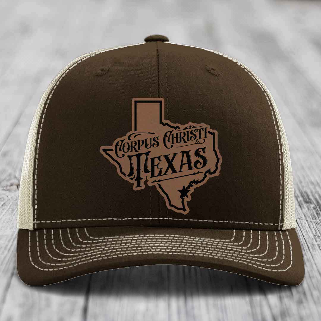 Corpus Christi Texas (Deluxe) - Leather Patch Hat - Dark Brown to Black Patch - Richardson 112 Snapback Trucker Hat