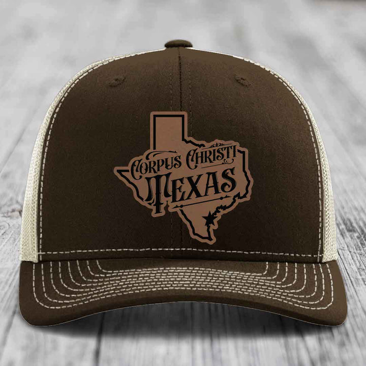 Corpus Christi Texas (Deluxe) - Leather Patch Hat - Dark Brown to Black Patch - Richardson 112 Snapback Trucker Hat