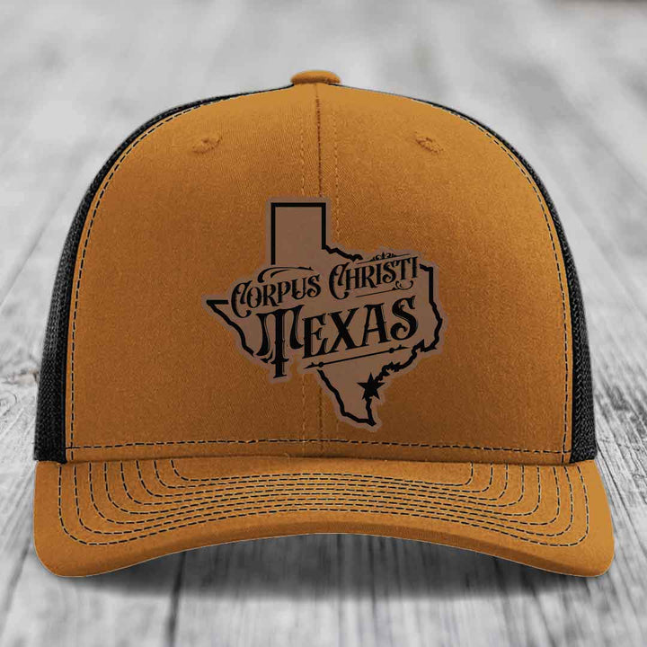 Corpus Christi Texas (Deluxe) - Leather Patch Hat - Dark Brown to Black Patch - Richardson 112 Snapback Trucker Hat