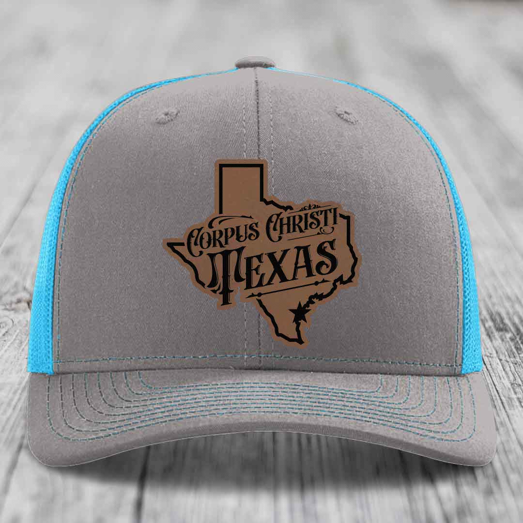 Corpus Christi Texas (Deluxe) - Leather Patch Hat - Dark Brown to Black Patch - Richardson 112 Snapback Trucker Hat