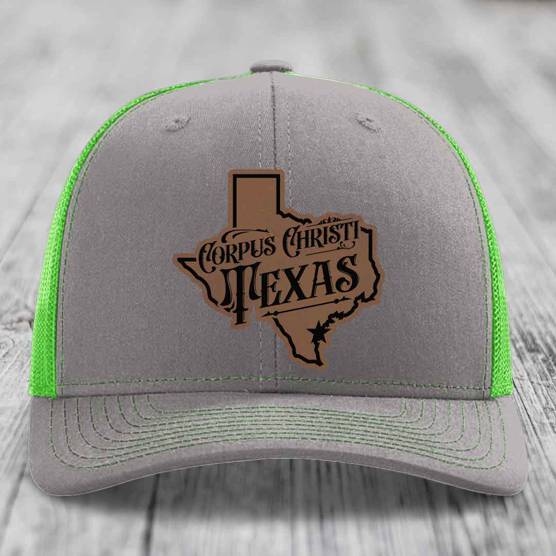 Corpus Christi Texas (Deluxe) - Leather Patch Hat - Dark Brown to Black Patch - Richardson 112 Snapback Trucker Hat
