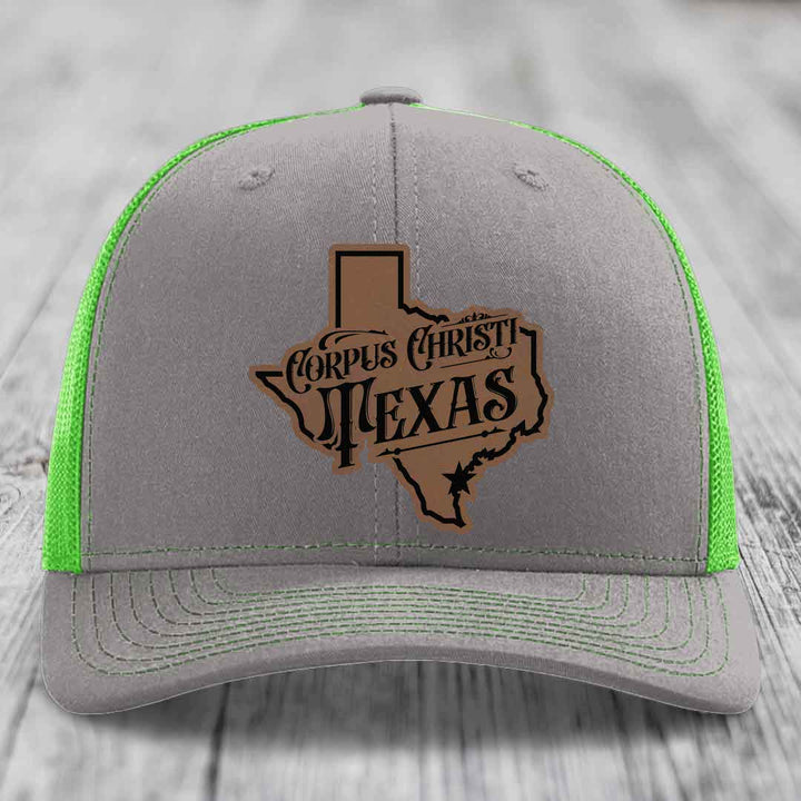 Corpus Christi Texas (Deluxe) - Leather Patch Hat - Dark Brown to Black Patch - Richardson 112 Snapback Trucker Hat