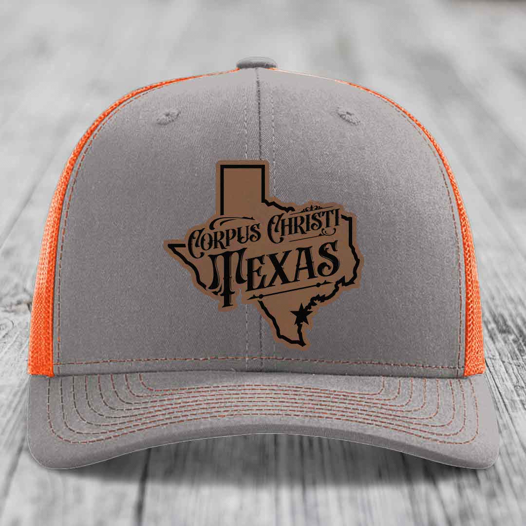 Corpus Christi Texas (Deluxe) - Leather Patch Hat - Dark Brown to Black Patch - Richardson 112 Snapback Trucker Hat