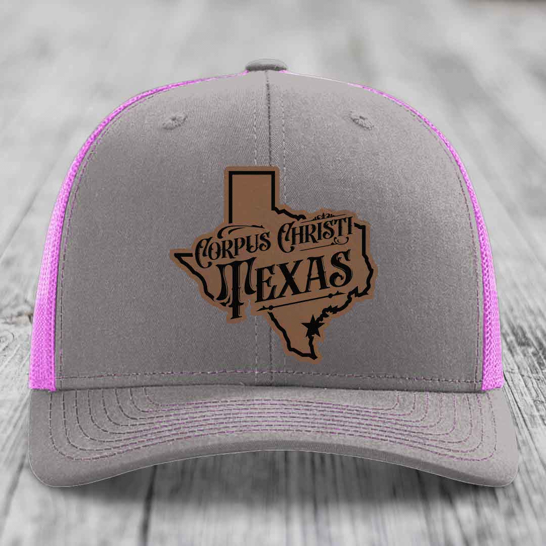 Corpus Christi Texas (Deluxe) - Leather Patch Hat - Dark Brown to Black Patch - Richardson 112 Snapback Trucker Hat