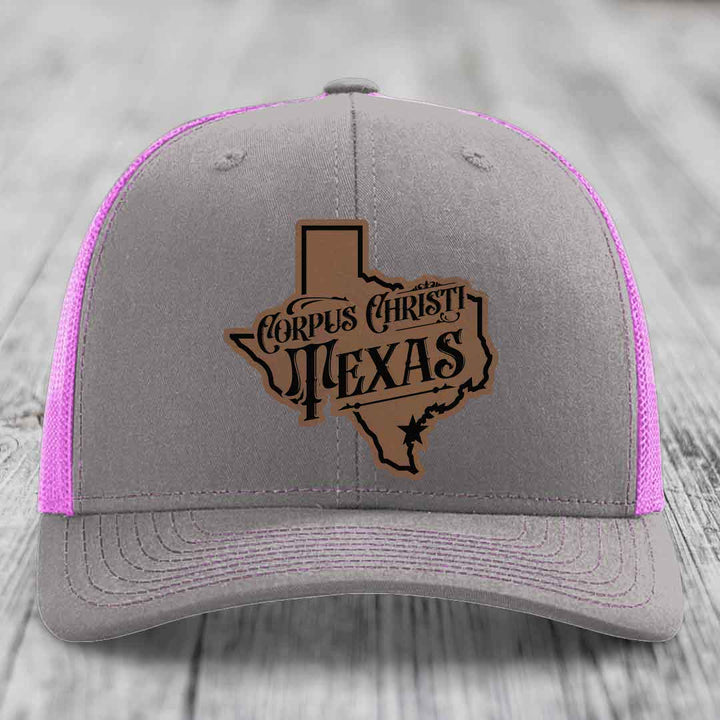 Corpus Christi Texas (Deluxe) - Leather Patch Hat - Dark Brown to Black Patch - Richardson 112 Snapback Trucker Hat