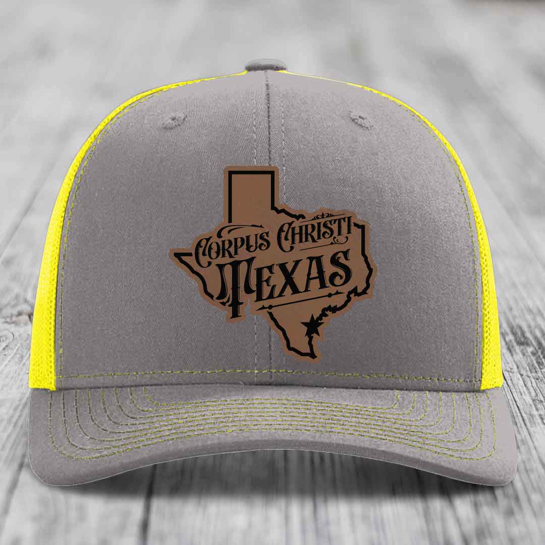 Corpus Christi Texas (Deluxe) - Leather Patch Hat - Dark Brown to Black Patch - Richardson 112 Snapback Trucker Hat