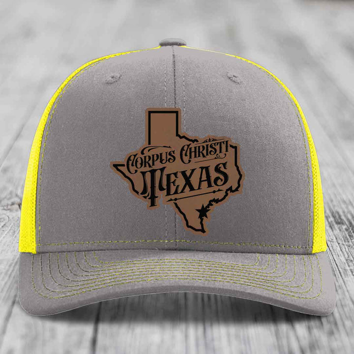Corpus Christi Texas (Deluxe) - Leather Patch Hat - Dark Brown to Black Patch - Richardson 112 Snapback Trucker Hat