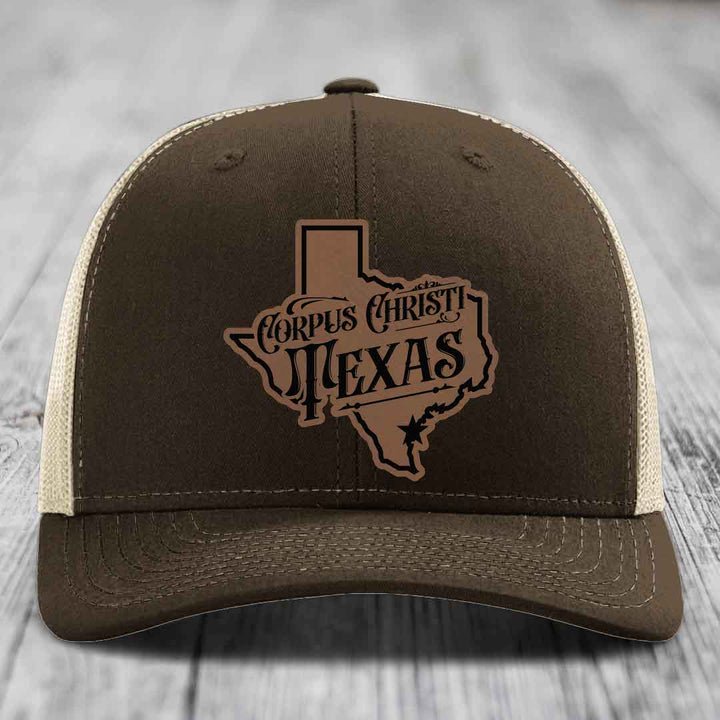 Corpus Christi Texas (Deluxe) - Leather Patch Hat - Dark Brown to Black Patch - Richardson 112 Snapback Trucker Hat