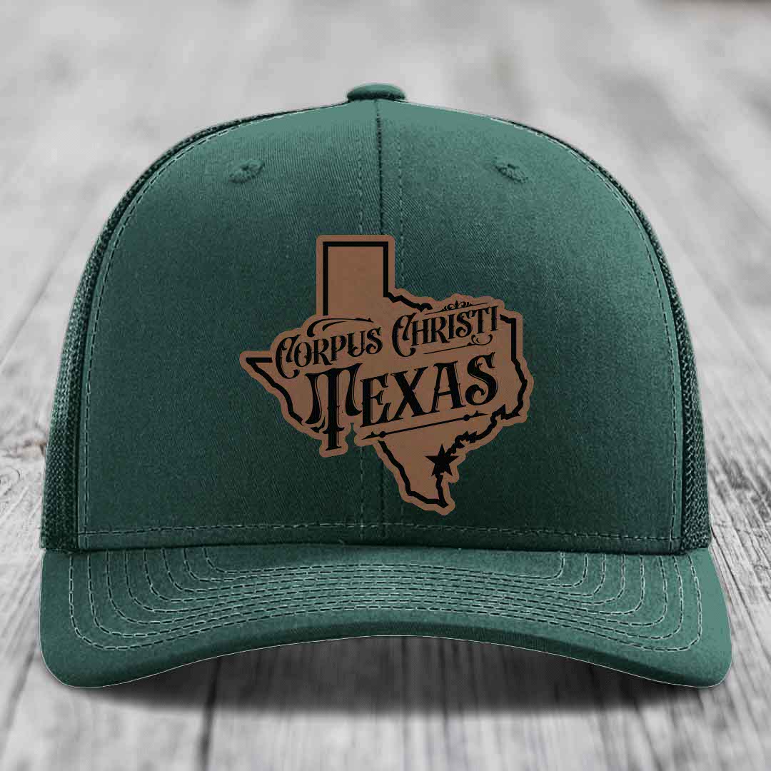 Corpus Christi Texas (Deluxe) - Leather Patch Hat - Dark Brown to Black Patch - Richardson 112 Snapback Trucker Hat
