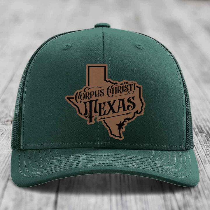 Corpus Christi Texas (Deluxe) - Leather Patch Hat - Dark Brown to Black Patch - Richardson 112 Snapback Trucker Hat