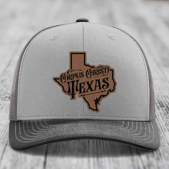 Corpus Christi Texas (Deluxe) - Leather Patch Hat - Dark Brown to Black Patch - Richardson 112 Snapback Trucker Hat