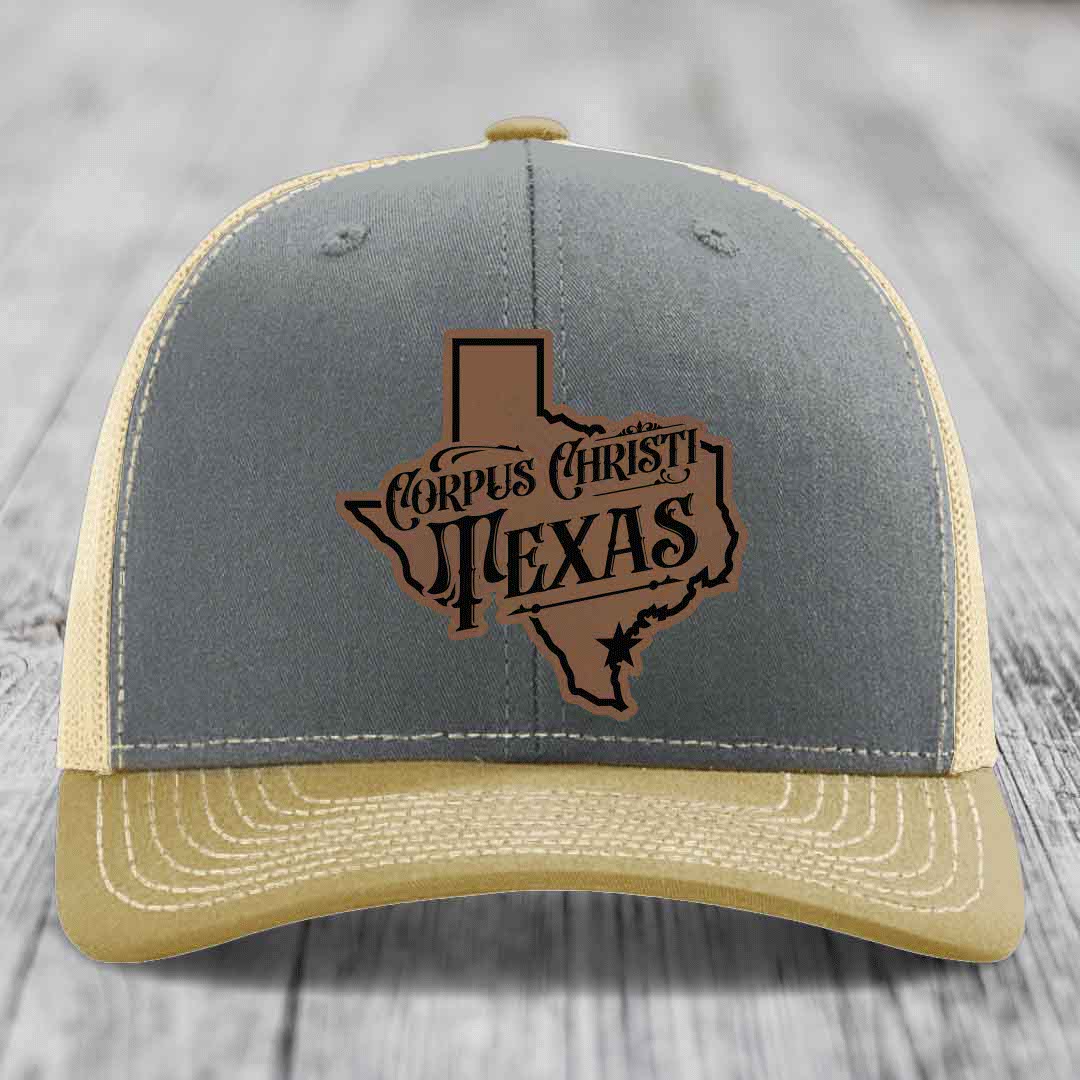 Corpus Christi Texas (Deluxe) - Leather Patch Hat - Dark Brown to Black Patch - Richardson 112 Snapback Trucker Hat