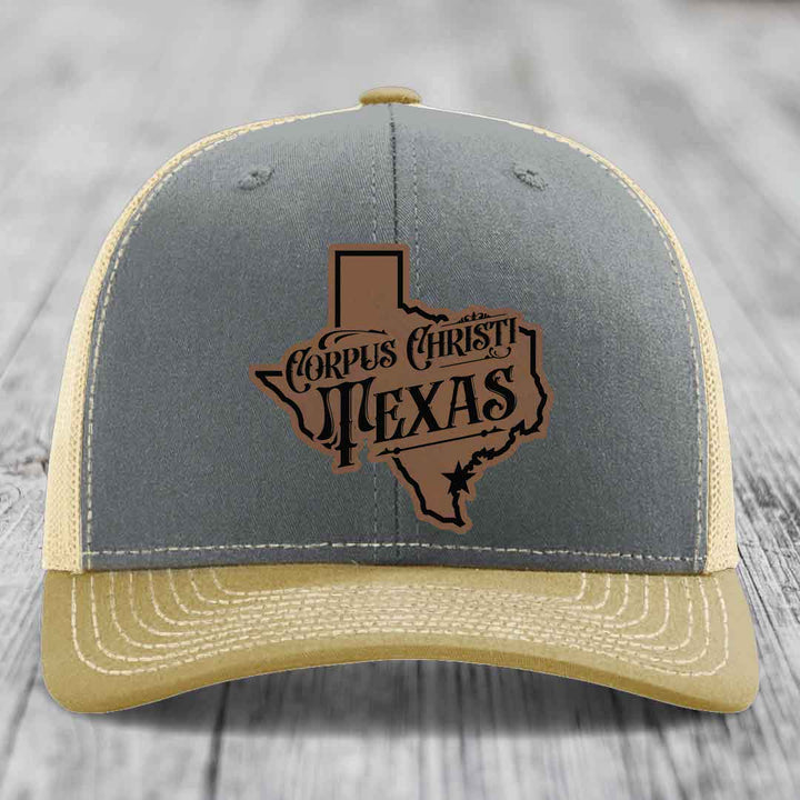 Corpus Christi Texas (Deluxe) - Leather Patch Hat - Dark Brown to Black Patch - Richardson 112 Snapback Trucker Hat