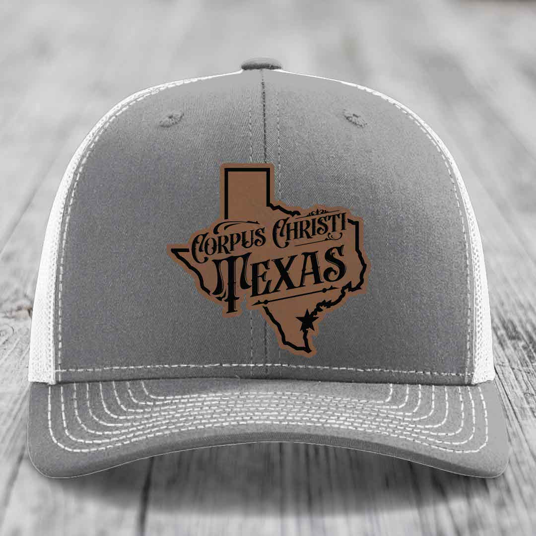 Corpus Christi Texas (Deluxe) - Leather Patch Hat - Dark Brown to Black Patch - Richardson 112 Snapback Trucker Hat