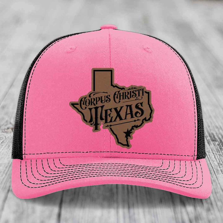 Corpus Christi Texas (Deluxe) - Leather Patch Hat - Dark Brown to Black Patch - Richardson 112 Snapback Trucker Hat