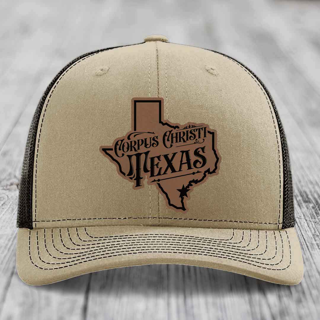 Corpus Christi Texas (Deluxe) - Leather Patch Hat - Dark Brown to Black Patch - Richardson 112 Snapback Trucker Hat