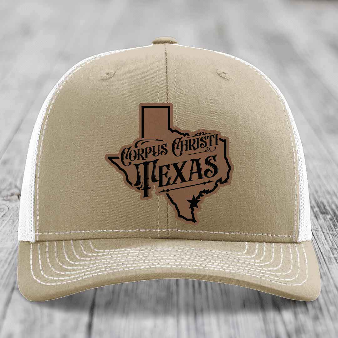 Corpus Christi Texas (Deluxe) - Leather Patch Hat - Dark Brown to Black Patch - Richardson 112 Snapback Trucker Hat