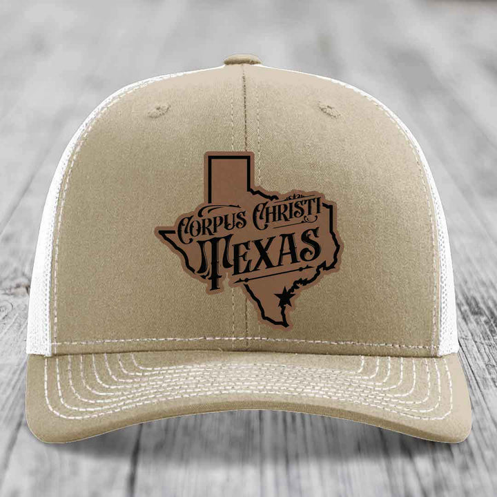 Corpus Christi Texas (Deluxe) - Leather Patch Hat - Dark Brown to Black Patch - Richardson 112 Snapback Trucker Hat