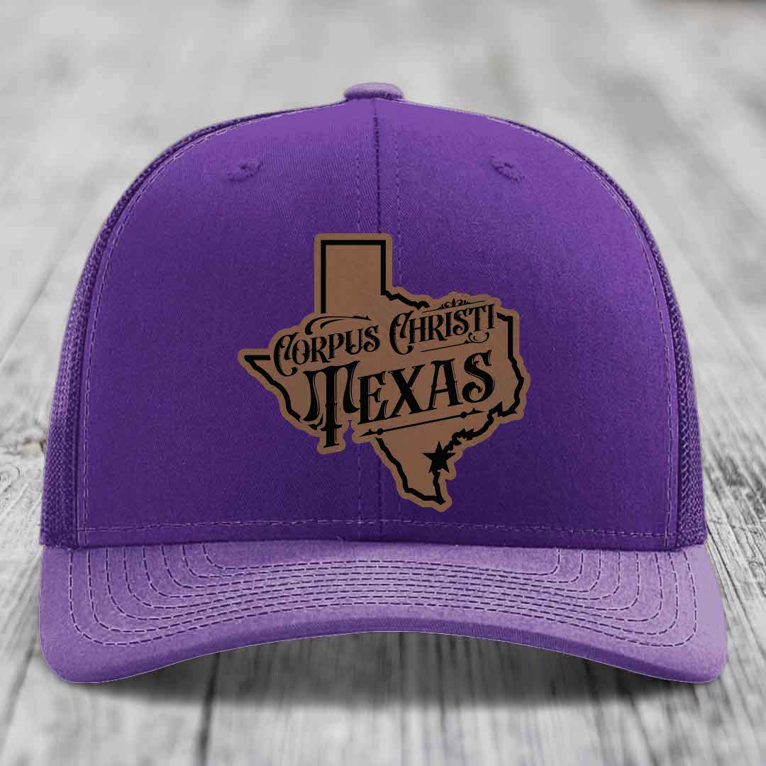 Corpus Christi Texas (Deluxe) - Leather Patch Hat - Dark Brown to Black Patch - Richardson 112 Snapback Trucker Hat