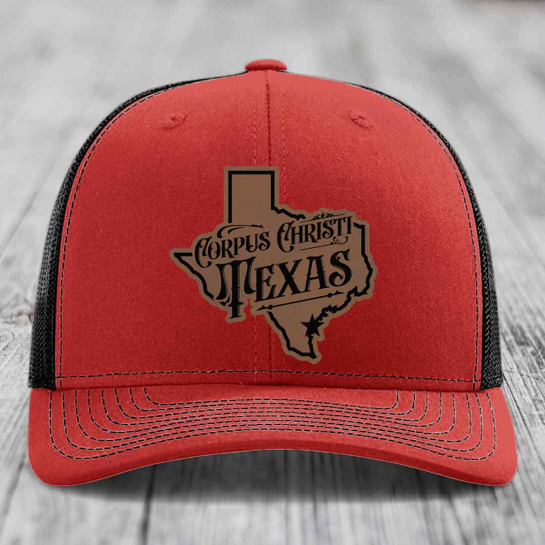 Corpus Christi Texas (Deluxe) - Leather Patch Hat - Dark Brown to Black Patch - Richardson 112 Snapback Trucker Hat
