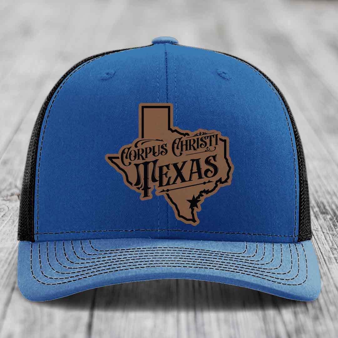 Corpus Christi Texas (Deluxe) - Leather Patch Hat - Dark Brown to Black Patch - Richardson 112 Snapback Trucker Hat