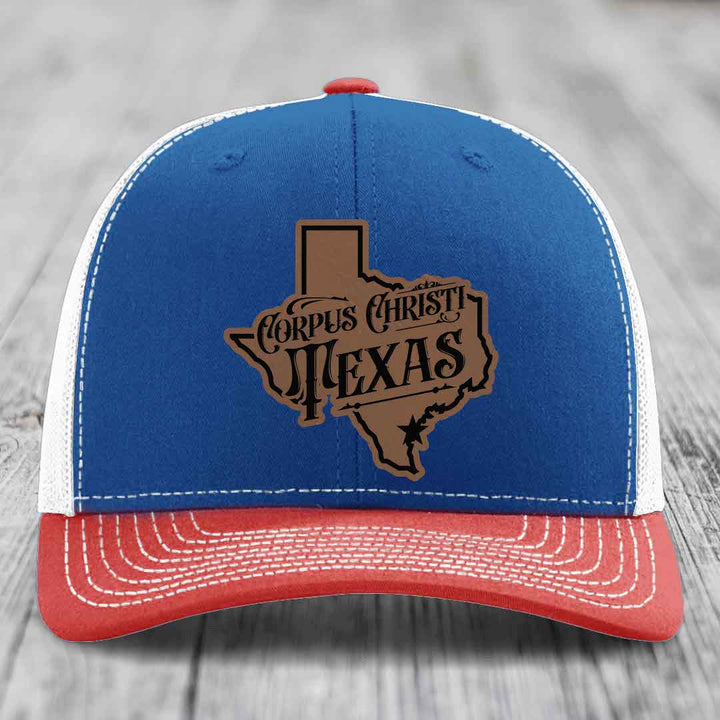 Corpus Christi Texas (Deluxe) - Leather Patch Hat - Dark Brown to Black Patch - Richardson 112 Snapback Trucker Hat