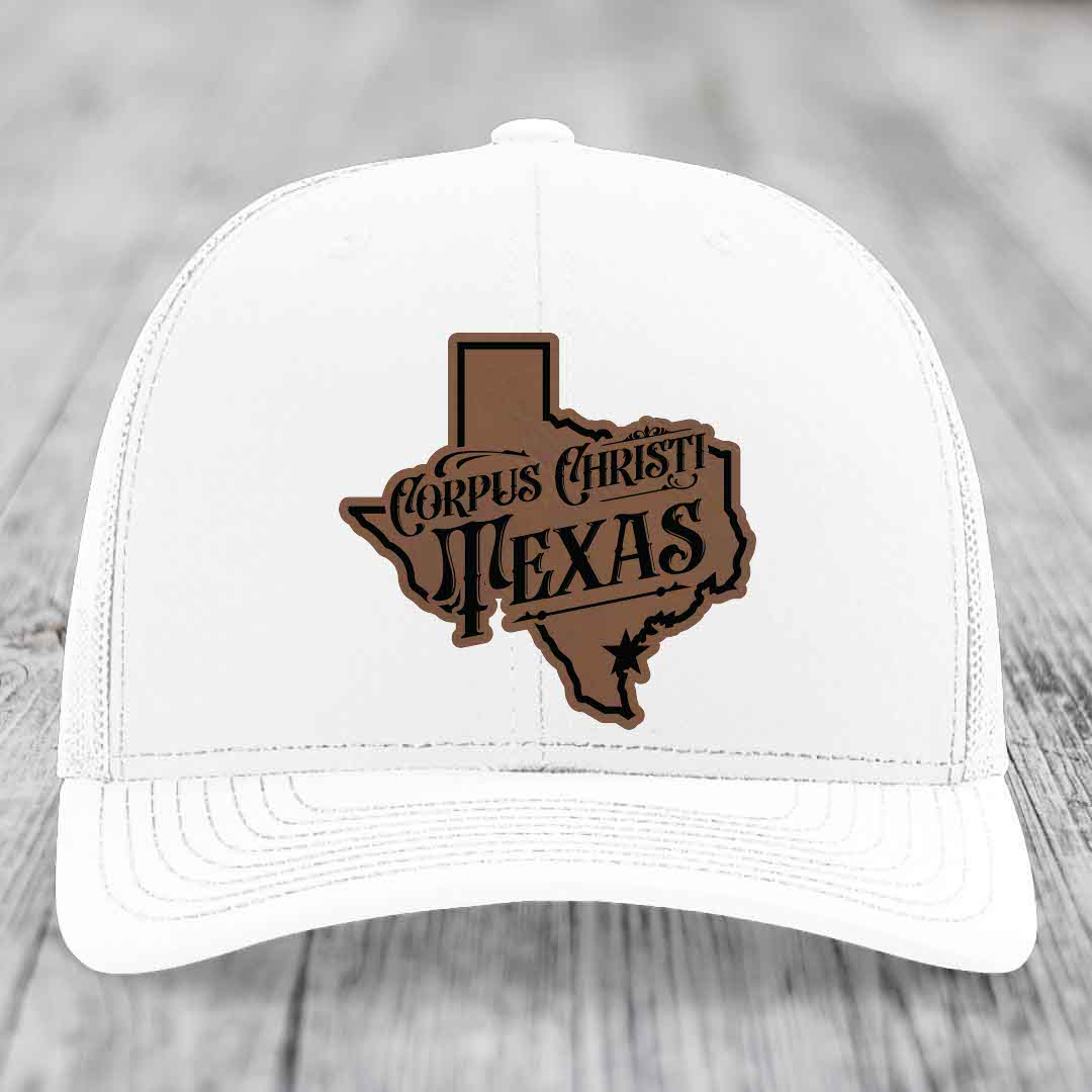 Corpus Christi Texas (Deluxe) - Leather Patch Hat - Dark Brown to Black Patch - Richardson 112 Snapback Trucker Hat