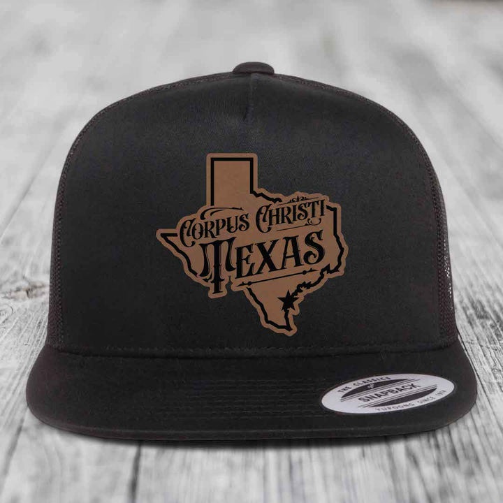 Corpus Christi Texas (Deluxe) - Leather Patch Hat - Dark Brown to Black Patch - Yupoong 6006 Snapback Flatbill Hat