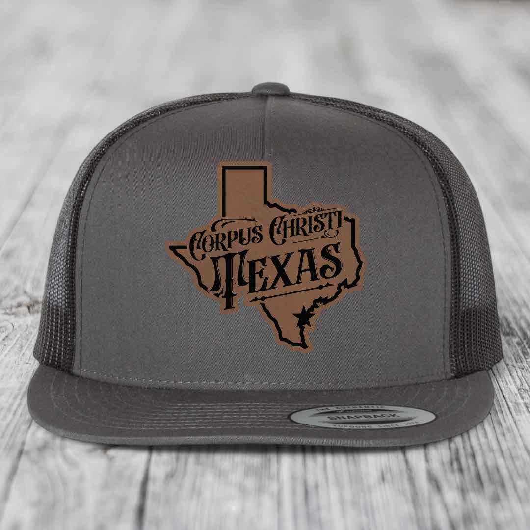 Corpus Christi Texas (Deluxe) - Leather Patch Hat - Dark Brown to Black Patch - Yupoong 6006 Snapback Flatbill Hat